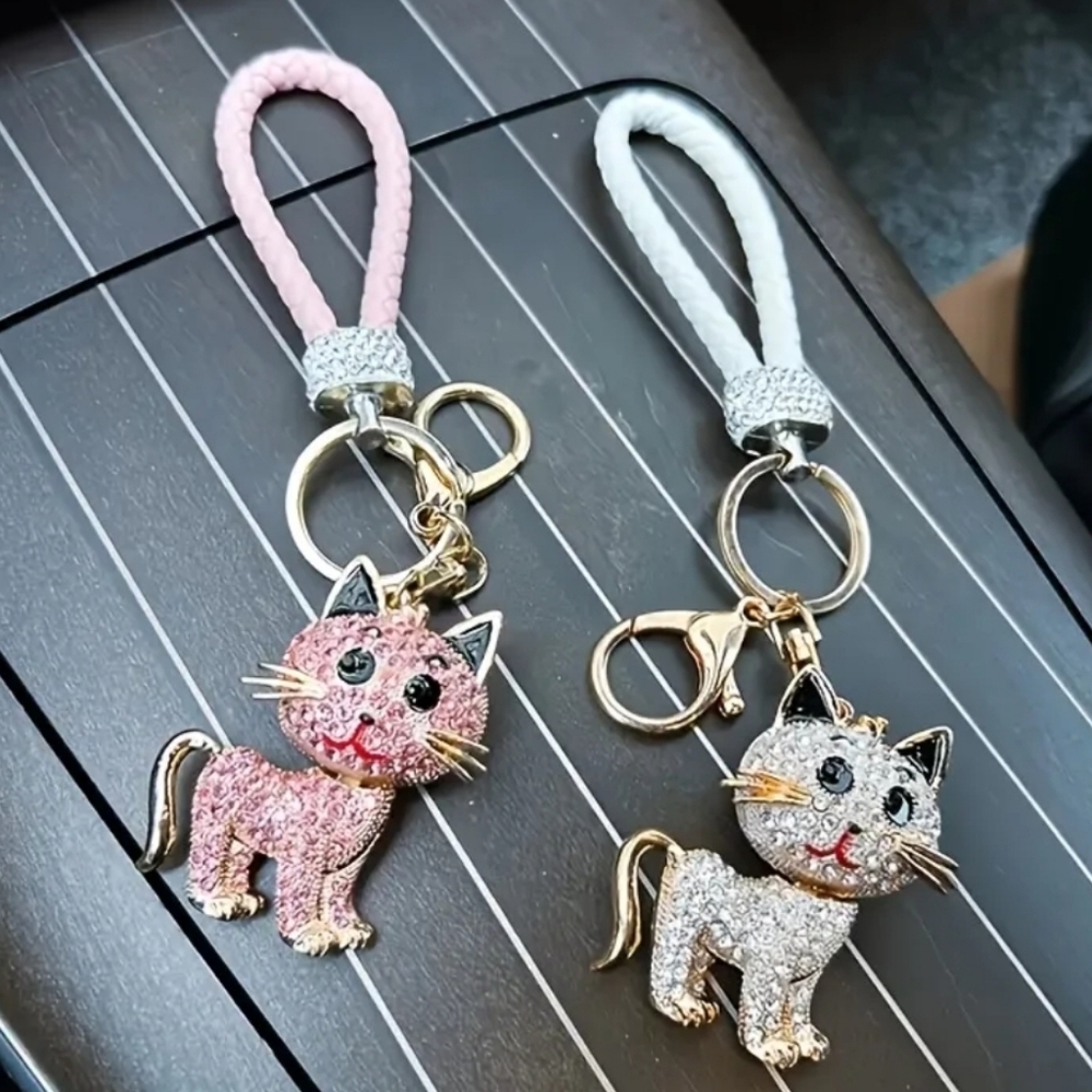 🆕️🐈 RHINESTONE CUTE CAT BAG CHARM OR KEYCHAIN WITH WRISTLET LOOP🐈